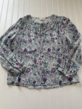Loft Outlet Petite MP Blue Floral Peasant Top 3/4 Sleeve Ruffle Neck‎